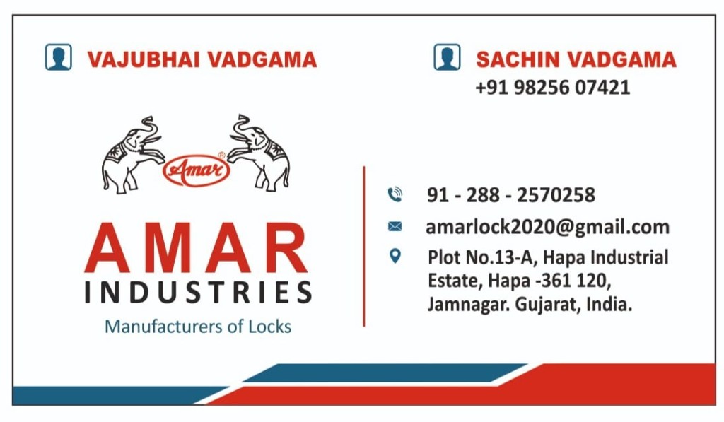 Amar Industries contact card: factory address, telephone, mobile, WhatsApp, email, and website.